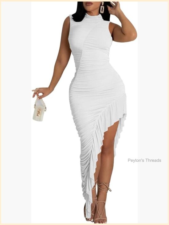 Dresses & Skirts - Sleeveless Ruched Ruffled Asymmetrical Maxi Dress